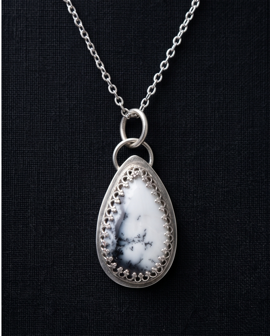 Dendritic Opal Teardrop Pendant in Sterling Silver – Handcrafted Artisan Necklace