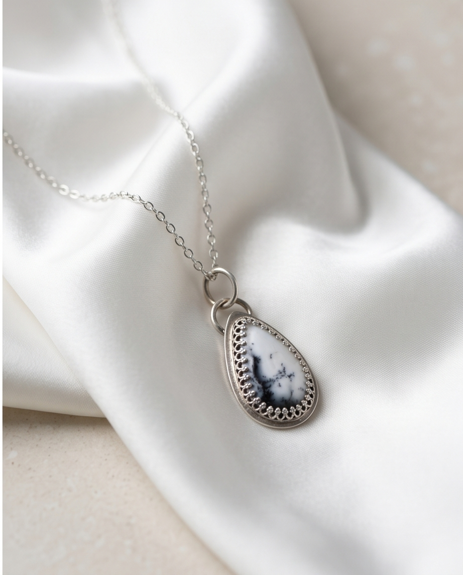 Dendritic Opal Teardrop Pendant in Sterling Silver – Handcrafted Artisan Necklace