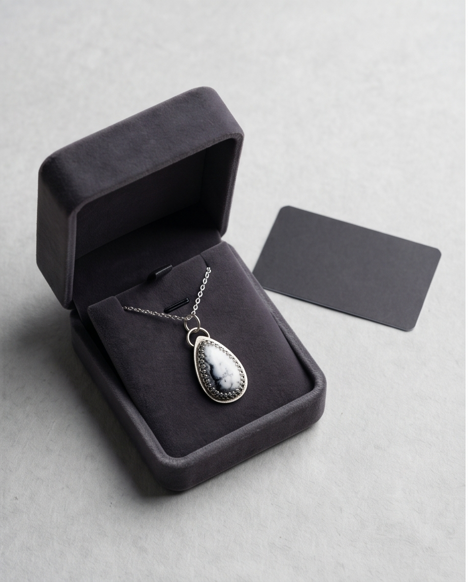 Dendritic Opal Teardrop Pendant in Sterling Silver – Handcrafted Artisan Necklace