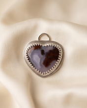 Load image into Gallery viewer, Heart shaped agate pendant framed in sterling silver with decorative edge detail.
