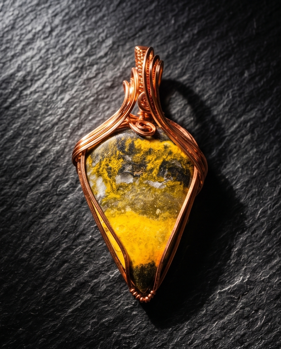 Handcrafted sterling silver Bumblebee Jasper pendant featuring bold yellow and black natural stone patterns.
