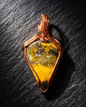 Load image into Gallery viewer, Handcrafted sterling silver Bumblebee Jasper pendant featuring bold yellow and black natural stone patterns.
