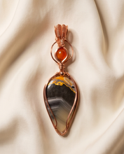Load image into Gallery viewer, Copper wire wrapped Bumblebee Jasper pendant with Carnelian accent gemstone.