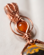 Load image into Gallery viewer, Copper wire wrapped Bumblebee Jasper pendant with Carnelian accent gemstone.