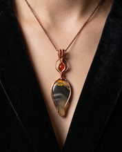 Load image into Gallery viewer, Copper wire wrapped Bumblebee Jasper pendant with Carnelian accent gemstone.