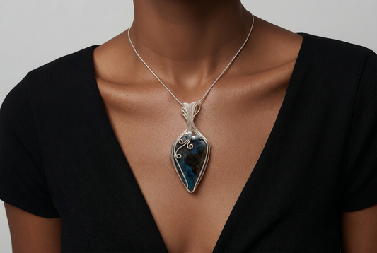 Handcrafted sterling silver Shattuckite pendant featuring deep blue and teal natural patterns with artisan wire work.
