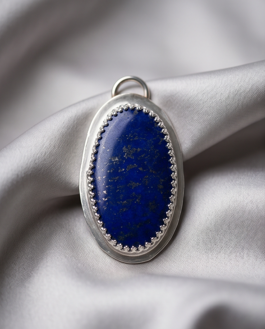 Oval Lapis Lazuli pendant set in handcrafted sterling silver with decorative bezel detailing.
