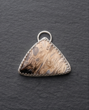 Load image into Gallery viewer, Lifestyle image of handcrafted sterling silver Palm Root pendant featuring natural fossil patterns and earth-tone petrified wood markings
