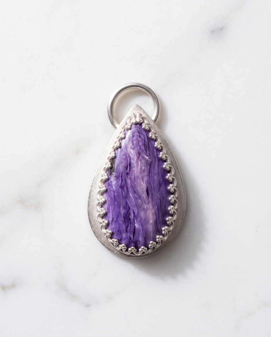 Lifestyle image of handcrafted sterling silver Charoite teardrop pendant featuring natural lavender and violet gemstone patterns
