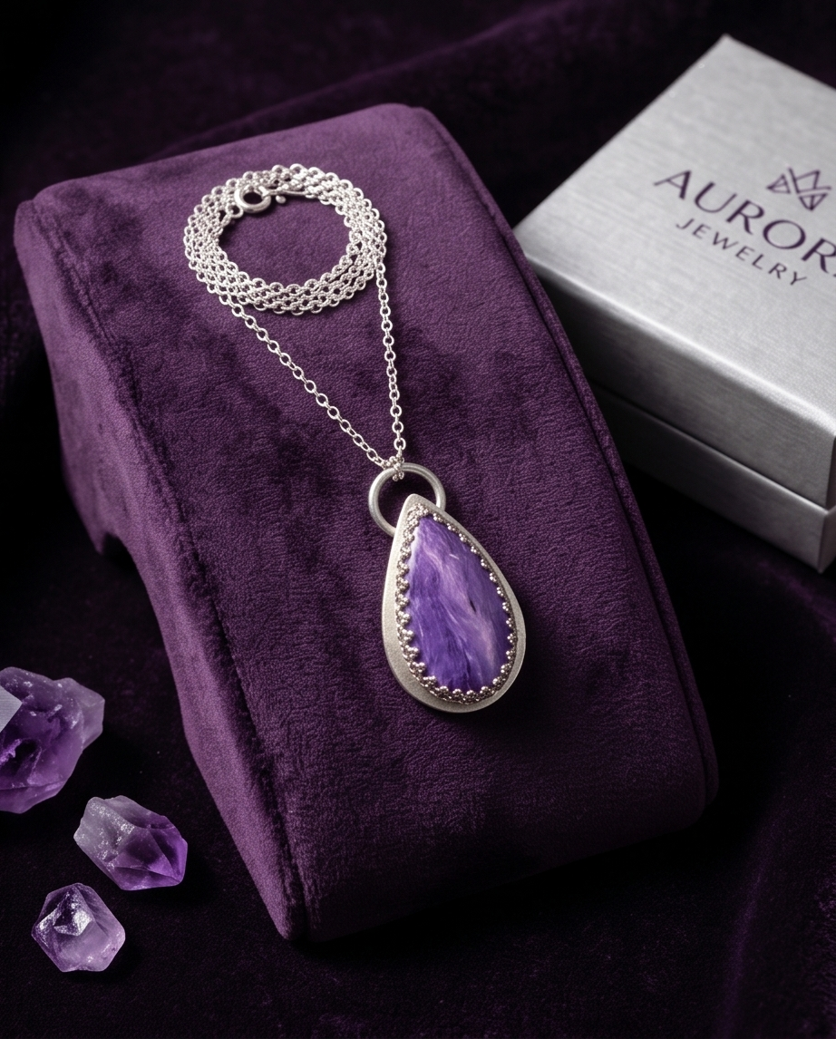 Lifestyle image of handcrafted sterling silver Charoite teardrop pendant featuring natural lavender and violet gemstone patterns
