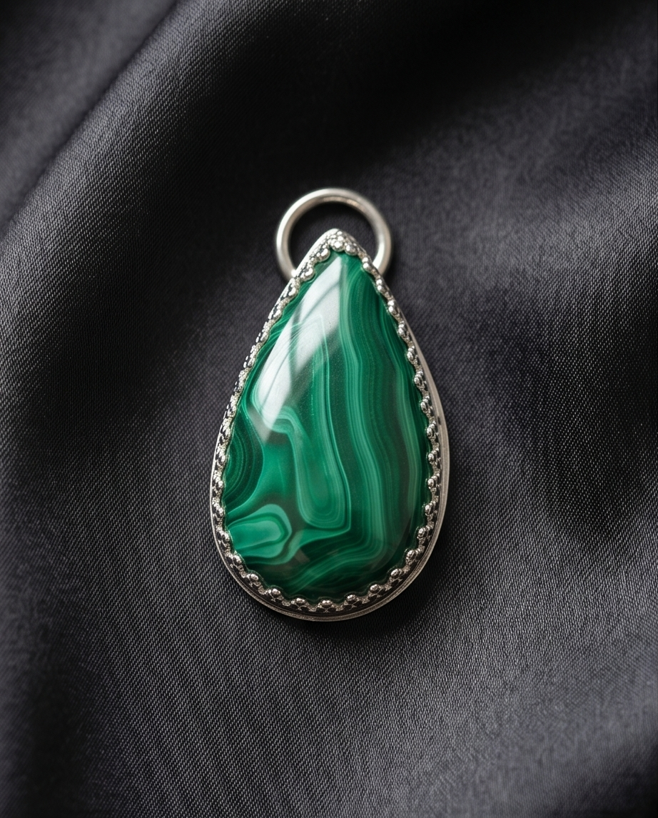 Lifestyle image of handcrafted sterling silver Malachite teardrop pendant worn on chain featuring natural green gemstone banding
