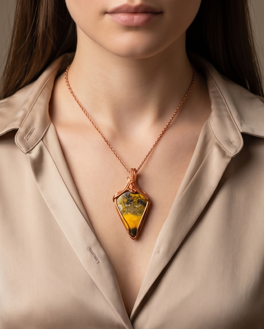 Handcrafted Copper Bumblebee Jasper pendant featuring bold yellow and black natural stone patterns.

