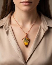 Load image into Gallery viewer, Handcrafted Copper Bumblebee Jasper pendant featuring bold yellow and black natural stone patterns.
