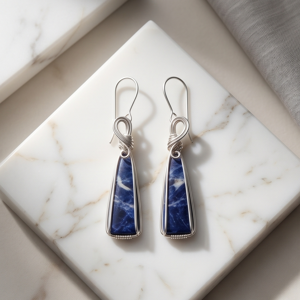 Model wearing elongated blue Sodalite drop earrings handcrafted in sterling silver wire