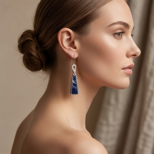 Model wearing elongated blue Sodalite drop earrings handcrafted in sterling silver wire