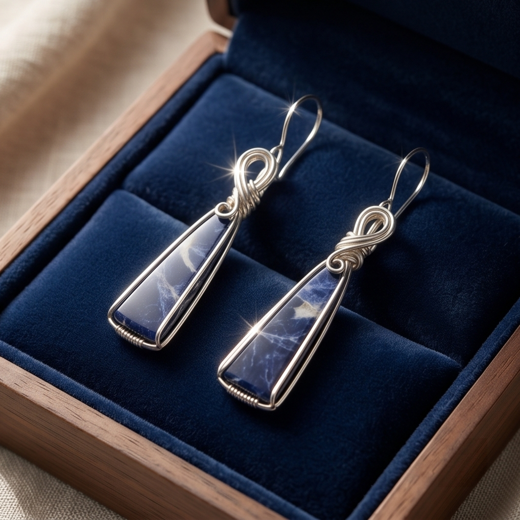 Model wearing elongated blue Sodalite drop earrings handcrafted in sterling silver wire