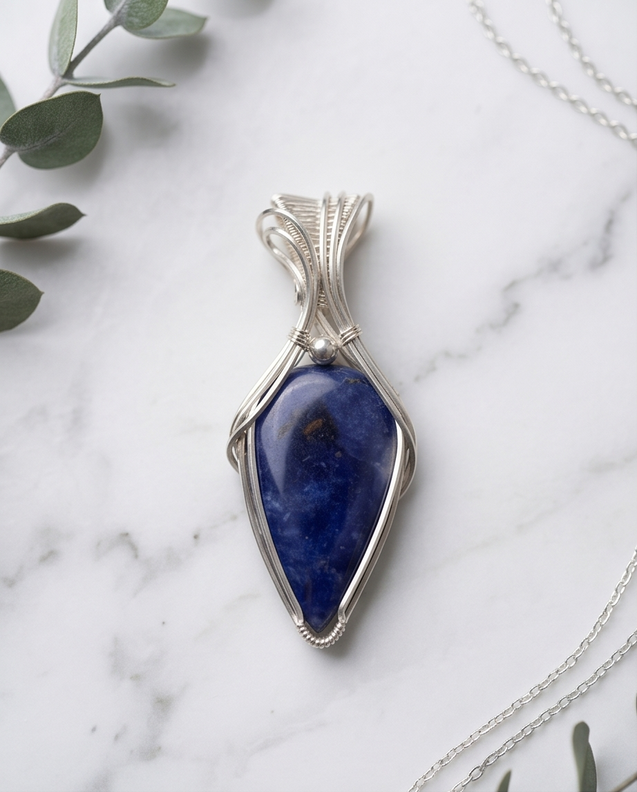 One-of-a-kind blue Sodalite pendant handcrafted in sterling silver with woven wire bail on chain
