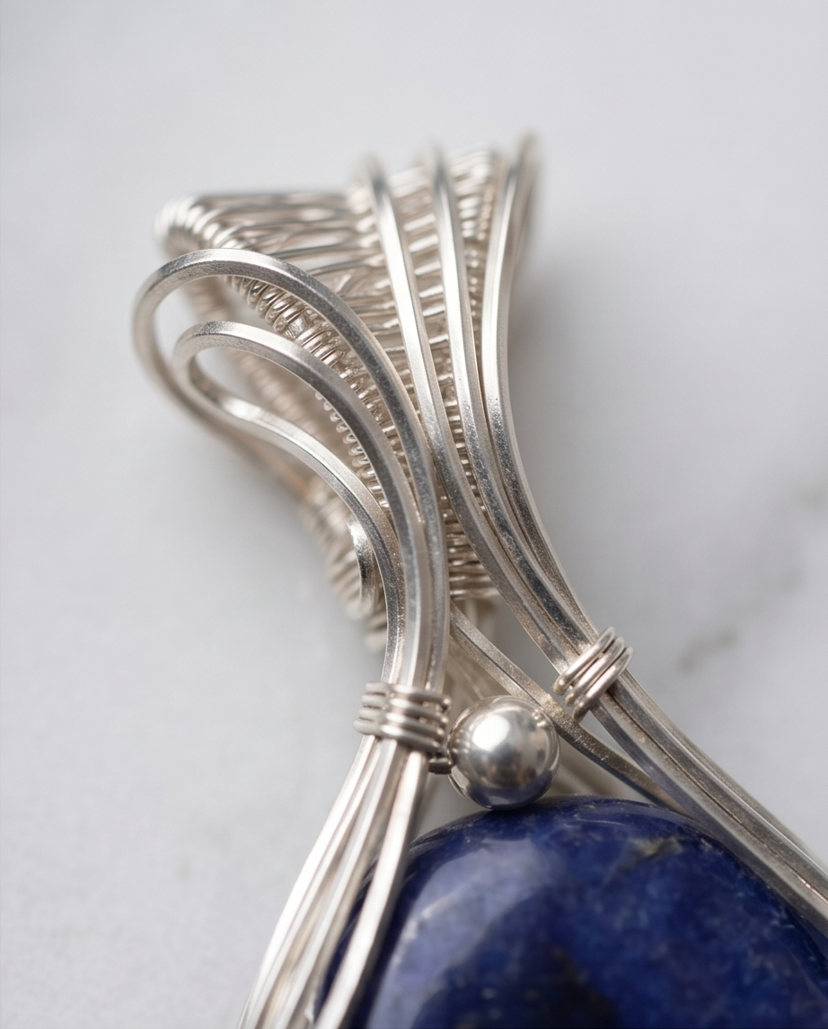 One-of-a-kind blue Sodalite pendant handcrafted in sterling silver with woven wire bail on chain