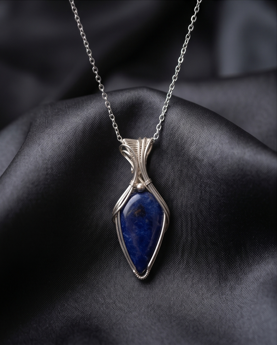 One-of-a-kind blue Sodalite pendant handcrafted in sterling silver with woven wire bail on chain