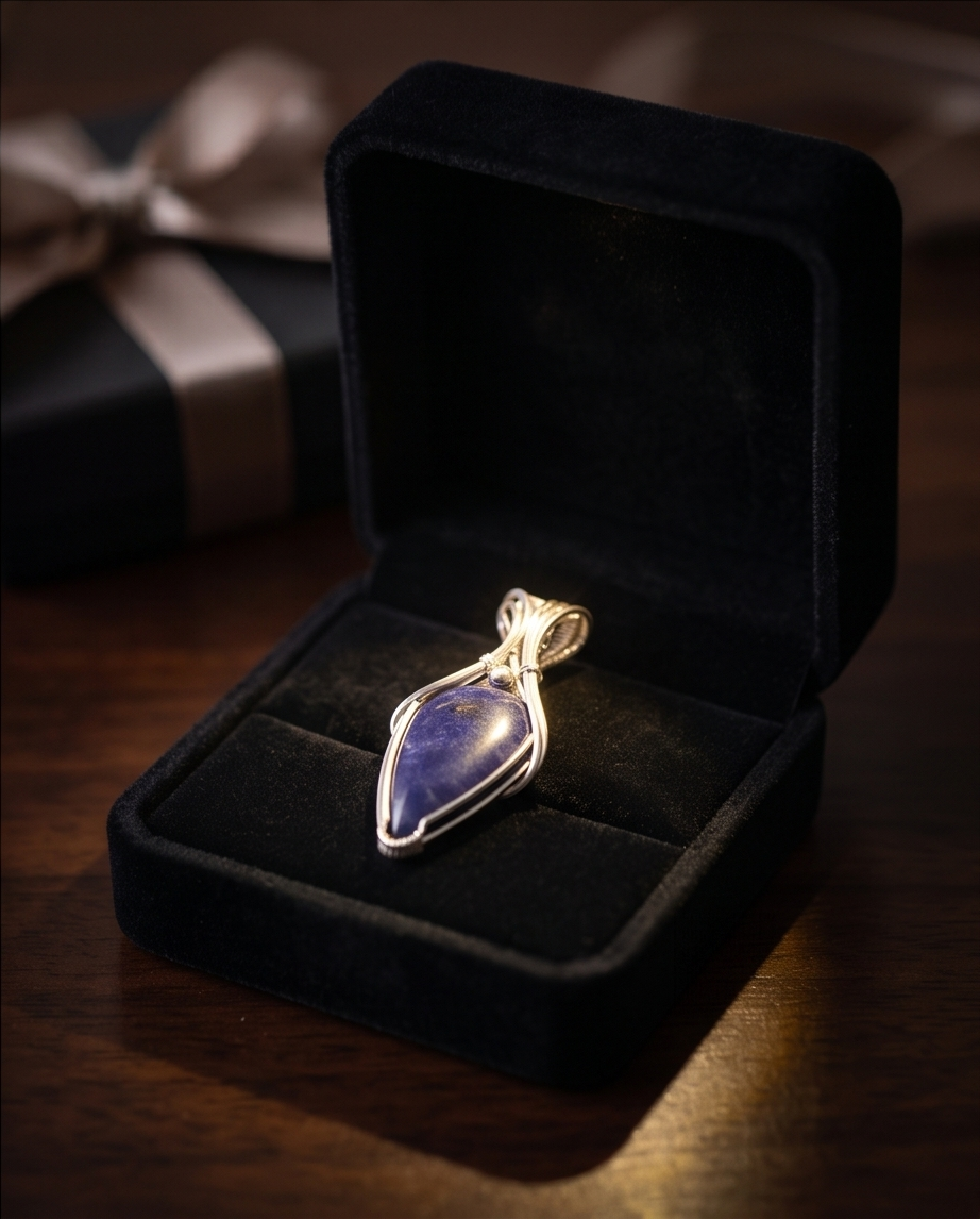 One-of-a-kind blue Sodalite pendant handcrafted in sterling silver with woven wire bail on chain