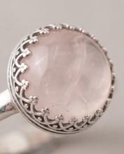 Load image into Gallery viewer, 10 mm Rose Quartz gemstone ring handcrafted in decorative sterling silver setting
