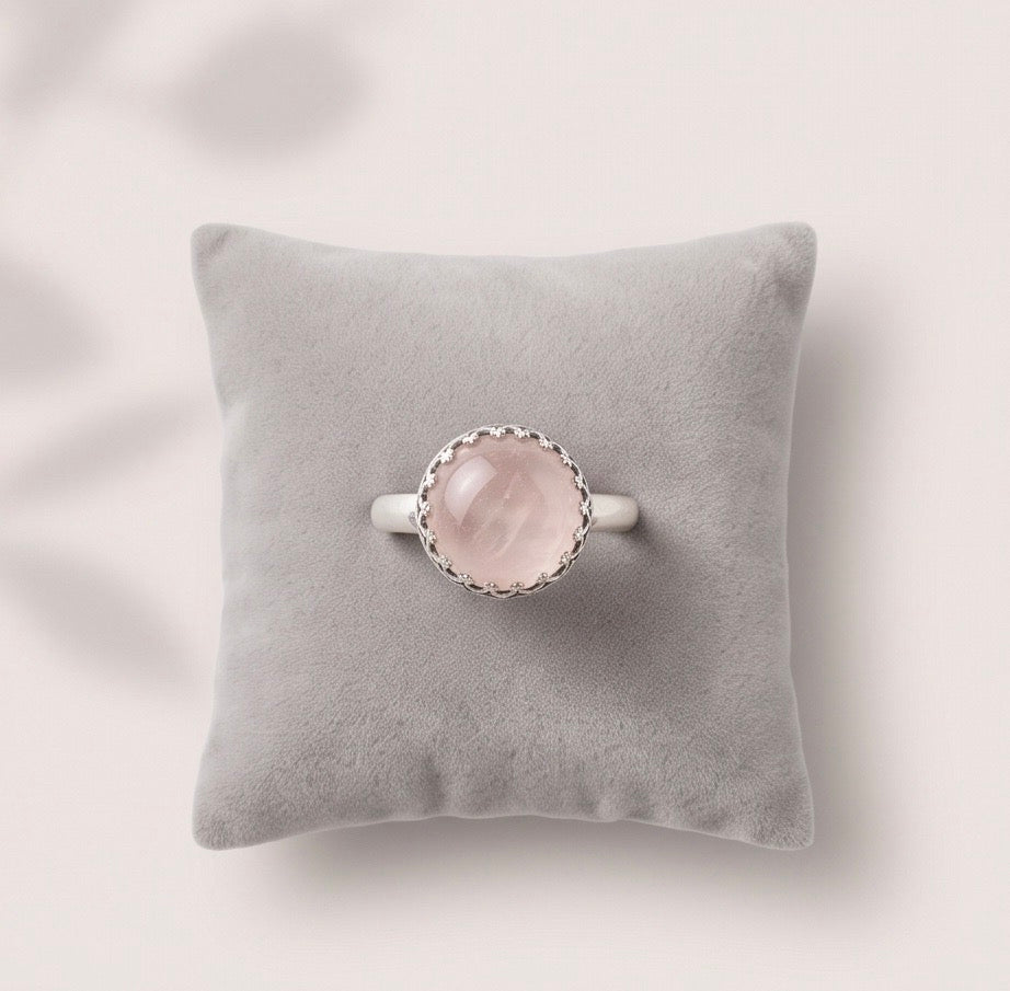10 mm Rose Quartz gemstone ring handcrafted in decorative sterling silver setting
