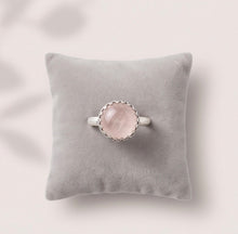 Load image into Gallery viewer, 10 mm Rose Quartz gemstone ring handcrafted in decorative sterling silver setting
