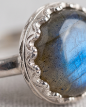 Load image into Gallery viewer, Blue flash Labradorite ring with 10 mm gemstone handcrafted in sterling silver
