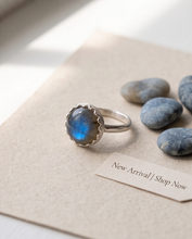 Load image into Gallery viewer, Blue flash Labradorite ring with 10 mm gemstone handcrafted in sterling silver
