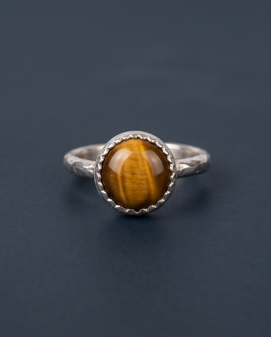 Handcrafted sterling silver ring featuring an 8 mm genuine Tiger’s Eye gemstone