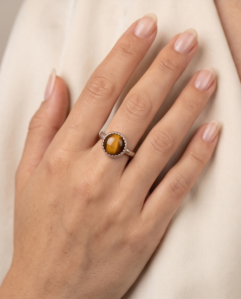 Handcrafted sterling silver ring featuring an 8 mm genuine Tiger’s Eye gemstone