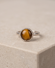 Load image into Gallery viewer, Handcrafted sterling silver ring featuring an 8 mm genuine Tiger’s Eye gemstone