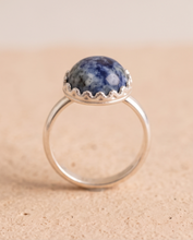 Load image into Gallery viewer, Handcrafted sterling silver ring featuring a 10 mm blue and white Sodalite gemstone