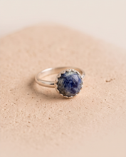 Load image into Gallery viewer, Handcrafted sterling silver ring featuring a 10 mm blue and white Sodalite gemstone