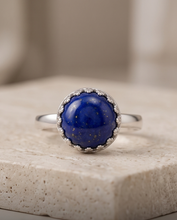 Load image into Gallery viewer, Handcrafted sterling silver ring with 10 mm deep blue Lapis Lazuli gemstone
