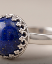 Load image into Gallery viewer, Handcrafted sterling silver ring with 10 mm deep blue Lapis Lazuli gemstone
