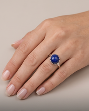 Load image into Gallery viewer, Handcrafted sterling silver ring with 10 mm deep blue Lapis Lazuli gemstone
