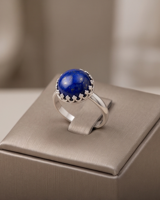 Handcrafted sterling silver ring with 10 mm deep blue Lapis Lazuli gemstone
