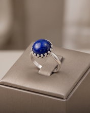 Load image into Gallery viewer, Handcrafted sterling silver ring with 10 mm deep blue Lapis Lazuli gemstone
