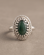 Load image into Gallery viewer, Handcrafted Green Agate ring in Argentium Silver with decorative gallery bezel and twisted-wire border