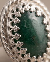 Load image into Gallery viewer, Handcrafted Green Agate ring in Argentium Silver with decorative gallery bezel and twisted-wire border