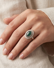 Load image into Gallery viewer, Handcrafted Green Agate ring in Argentium Silver with decorative gallery bezel and twisted-wire border