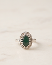Load image into Gallery viewer, Handcrafted Green Agate ring in Argentium Silver with decorative gallery bezel and twisted-wire border